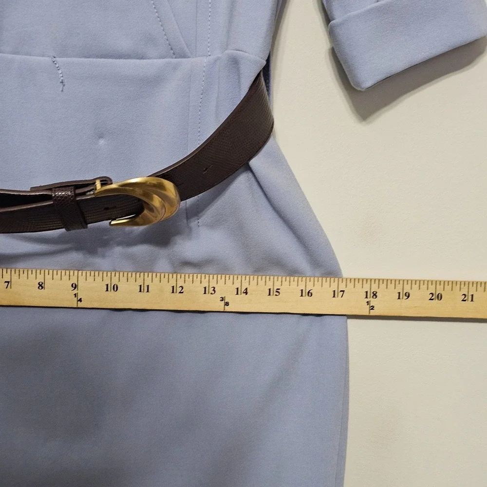 Donna Karan Dress 4 Pastel Blue Sheath Short Sleeves Collar V-neck Belt 0956 - Picture 4 of 9